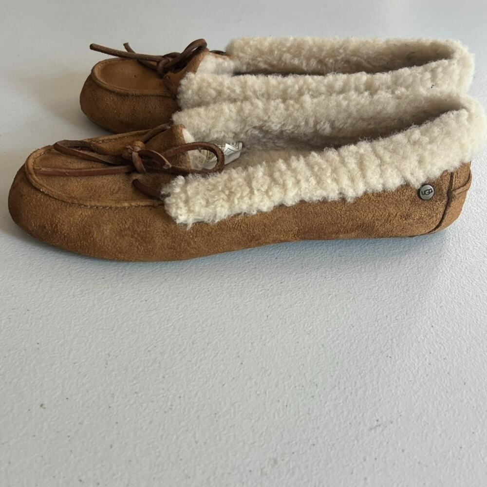 UGG Chestnut Suede Moccasin Slippers with Cream Shearling Lining - Picture 4 of 11